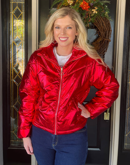 Kristen Metallic Puffer Jacket - Red