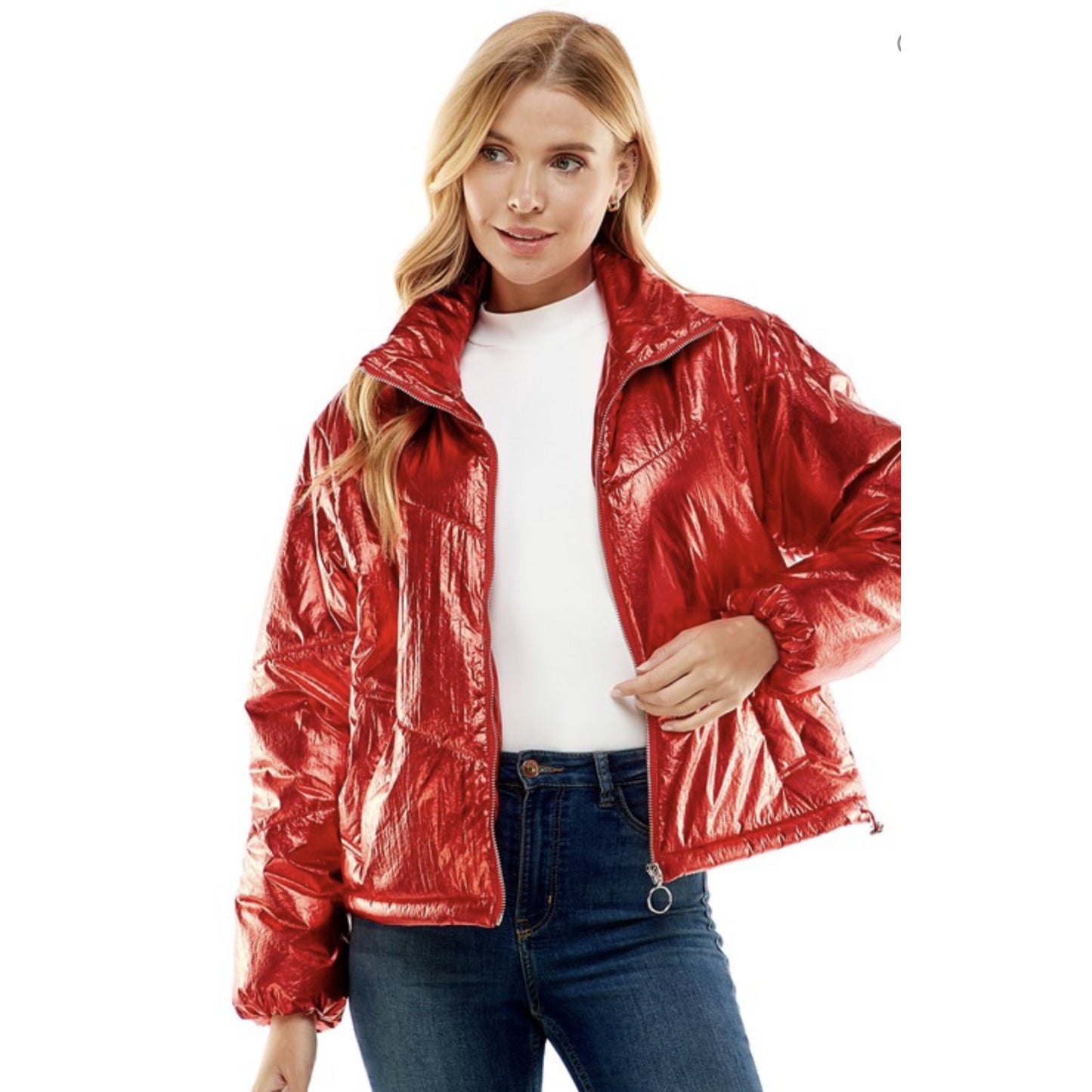 Kristen Metallic Puffer Jacket - Red